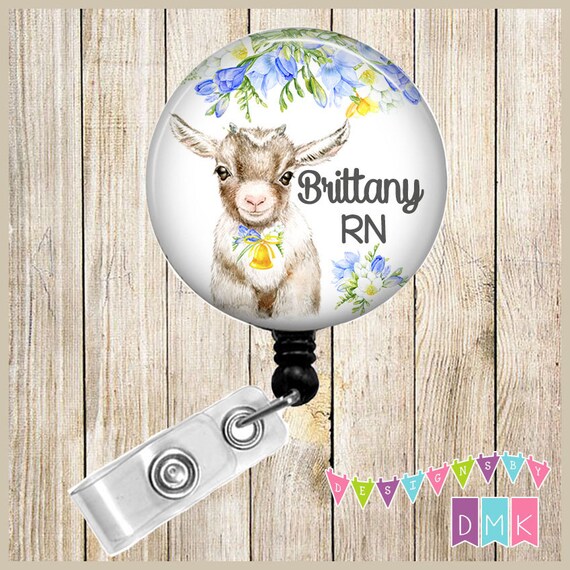 Baby Goat Blue & Yellow Freesia PERSONALIZED Button Badge Reel