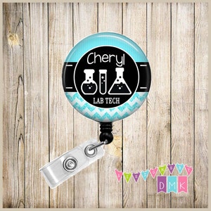 Personalized - Lab Tech  with Beakers - Laboratory - Glitter Chevron - Button Badge Reel - Retractable ID Holder - Alligator or Slide Clip