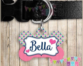 Pink Gingham - Brite Chevron - DOUBLE SIDED - Dog Bone - Personalized Pet Tag - PT007