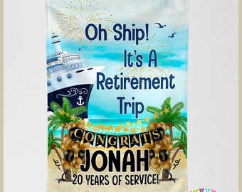 Oh Ship! It's a Retirement Trip - Black & Gold - Cruise Door Decoration - PERSONALIZED - Banner Flag - Standard or Premium Fabric - CF038