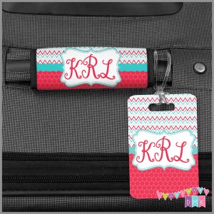 Red Polka Dots + Teal & Red Chevron - Monogram - PERSONALIZED - Luggage Finder - Bag Tag - Custom Handle Wrap - ID Tag - Travel Accessory