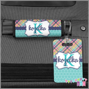 Teal Orange Pink Blue Plaid + Teal Dot - Monogram - PERSONALIZED - Luggage Finder - Bag Tag - Custom Handle Wrap - ID Tag - Travel Accessory