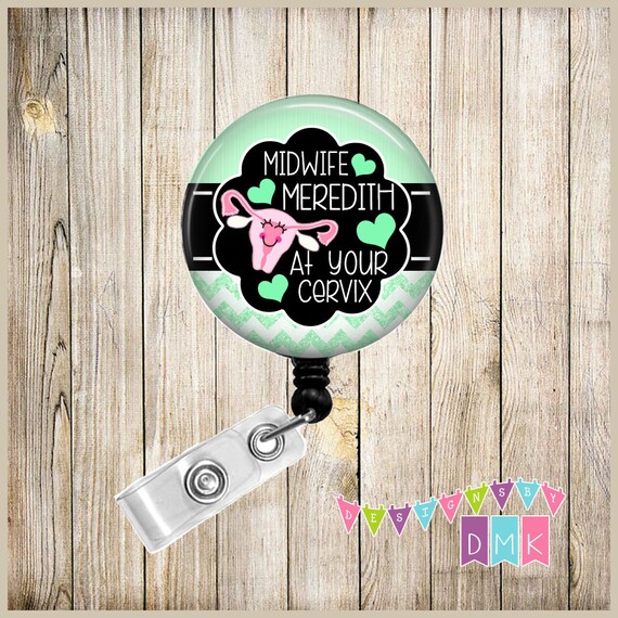 MIDWIFE Personalized at Your Cervix Mint Stripes & Mint Glitter Chevron  Button Badge Reel Retractable Alligator or Slide Clip Gift 