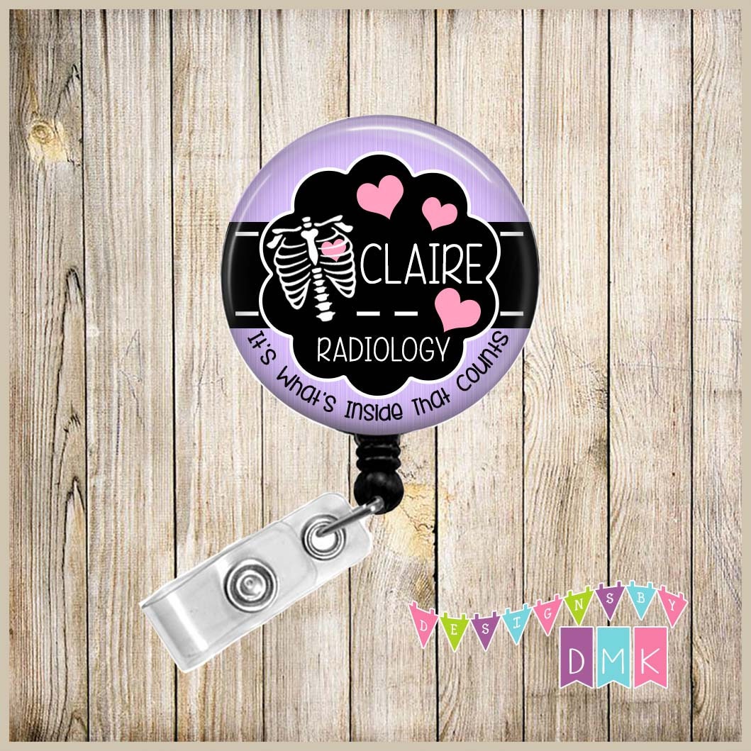 Personalized - Purple Chest Xray with Hearts - Inside That Counts - Button Badge Reel - Retractable ID Holder - Alligator or Slide Clip