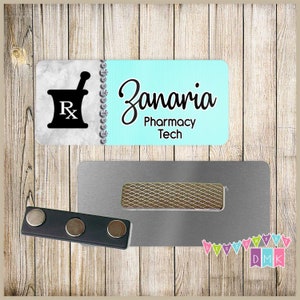 Pharmacy - Mortar & Pestle - Split Grey Brite Blue BLING - PERSONALIZED - Custom Name Tag - 1.25&quot; x 3&quot;  Magnetic OR Pin Back - 062NT