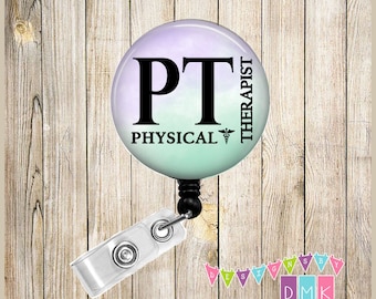 PT - Watercolor- Purple & Teal - Physical Therapist -  Button Badge Reel - Retractable ID Holder - Alligator or Slide Clip - BR0606