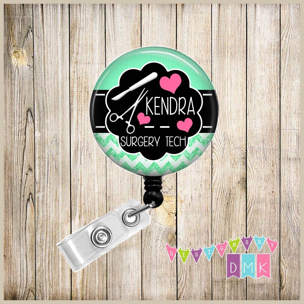 Surgery Tech - Personalized - Surgical Tools - Mint - Chevron - Button Badge Reel - Retractable ID Holder Alligator or Slide Clip BR0236