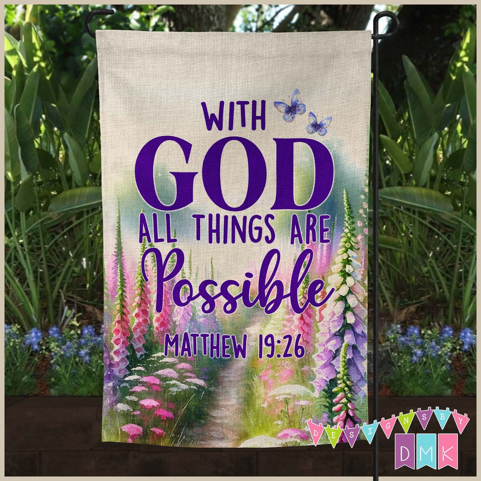 thumbnail image 2 of Double-Sided Garden Flag – WITH GOD ALL THINGS ARE POSSIBLE Matthew 19:26 – 12x18 Inch Dark Olive Green / Mustard Yellow / Light Pink 2 of 5