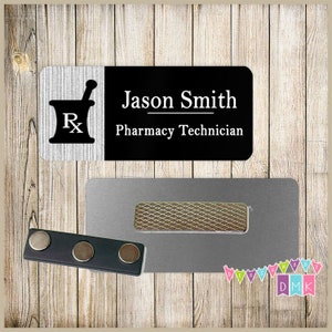 Pharmacy - Mortar & Pestle - Grey and Black - PERSONALIZED - Custom Name Tag - 1.25&quot; x 3&quot;  Magnetic OR Pin Back - 121NT