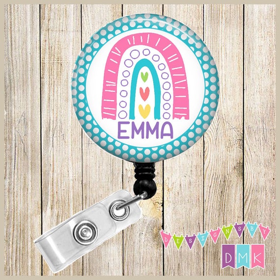 Whimsical Rainbow PERSONALIZED Blue Dots Button Badge Reel