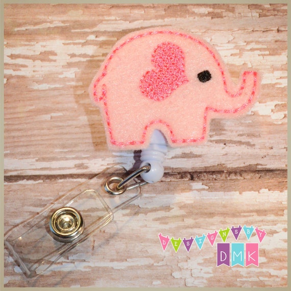 Valentine Heart Elephant Pink Felt Badge Reel Retractable ID Badge