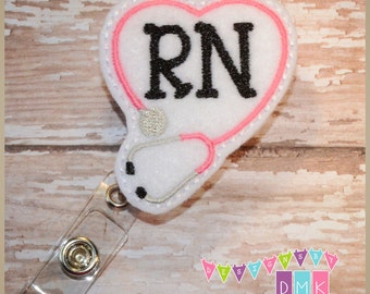 RN Stethoscope Heart - White with Pink - Felt Badge Reel - Retractable ID Badge Holder - Embroidered