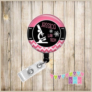 Personalized - Lab Tech with Microscope - Laboratory - Glitter Chevron - Button Badge Reel - Retractable ID Holder - Alligator or Slide Clip