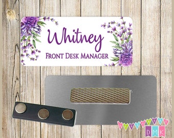 Lavender Succulents - PERSONALIZED - Custom Name Tag - 1.25" x 3"  Magnetic OR Pin Back - Social Work - SLP - Front Desk Manager - 007NT