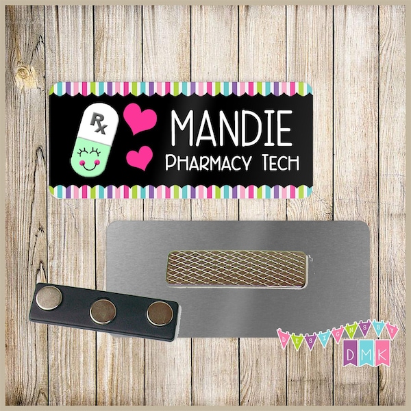 Happy Pill - Mint & White - Black - Brite Pastel Border - PERSONALIZED - Custom Name Tag - 1.25" x 3"  Magnetic OR Pin Back - 066NT