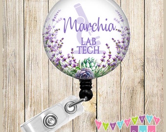 Personalized - Lab Tech with Microscope - Lavender Succulents - Button Badge Reel - Retractable ID Holder - Alligator or Slide Clip BR0138