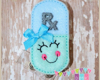 Happy Pill Rx - Light Blue & Mint - Felt Badge Reel - Retractable ID Badge Holder - Embroidered Name Tag Pull - Alligator or Slide Clip