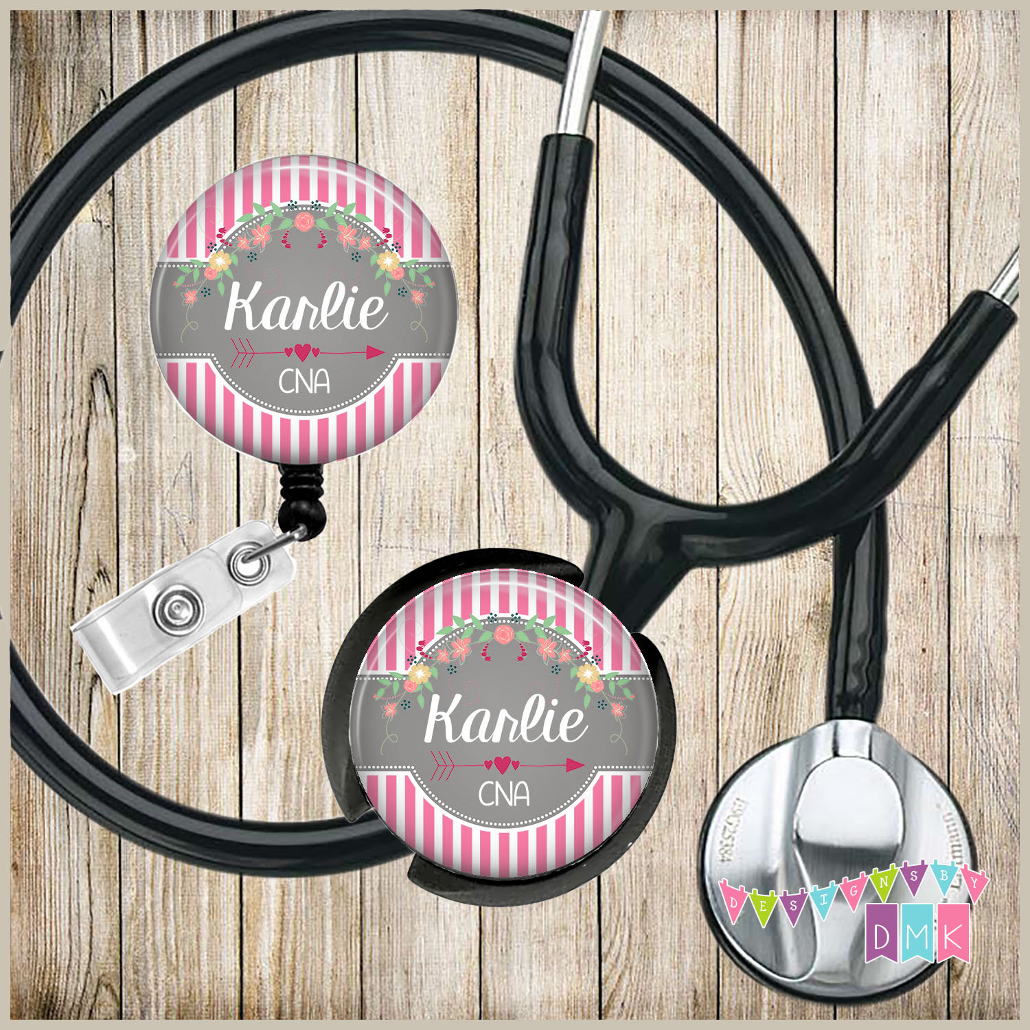 Personalized - Pink Stripes Floral - COMBO Badge Reel & Stethoscope ID Name  Tag
