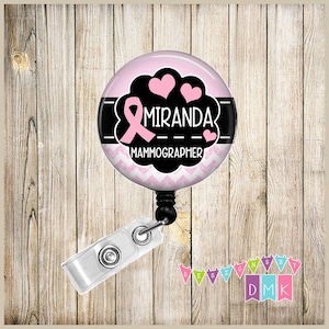 Mammographer - Personalized - Breast Cancer Ribbon - Pink Chevron - Button Badge Reel - Retractable ID Holder Alligator or Slide Clip BR0463