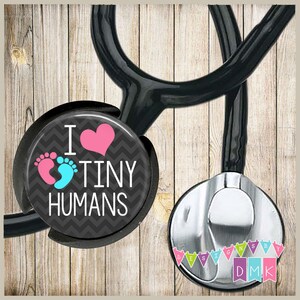 I Love Tiny Humans - Baby Feet - Black Chevron - Stethoscope ID Name Tag - Fits STANDARD Size Tubing - BR0415