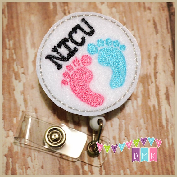 NICU Circle With Baby Feet Felt Badge Reel Retractable ID Holder