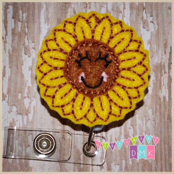 Sunny the Sunflower Fall Felt Badge Reel Retractable ID Badge Holder  Embroidered Name Tag Pull Alligator or Slide Clip 