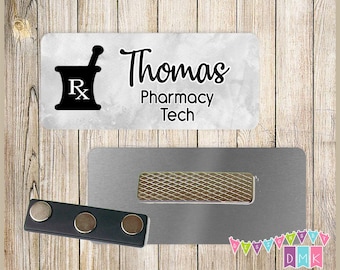 Pharmacy - Mortar & Pestle - Grey Watercolor - PERSONALIZED - Custom Name Tag - 1.25" x 3"  Magnetic OR Pin Back - 064NT