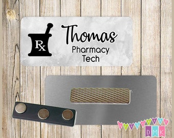 Pharmacy - Mortar & Pestle - Grey Watercolor - PERSONALIZED - Custom Name Tag - 1.25" x 3"  Magnetic OR Pin Back - 064NT