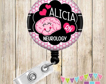 Bryelle the Brain - Personalized - Neurology - Pink Polka Dots - Button Badge Reel - Retractable ID Holder Alligator or Slide Clip - BR0022