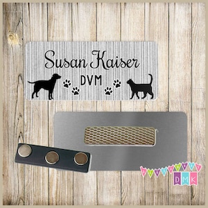 Standing Dog & Cat with Paw Prints - Grey - Vet Tech - PERSONALIZED - Custom Name Tag - 1.25&quot; x 3&quot;  Magnetic OR Pin Back - 076NT