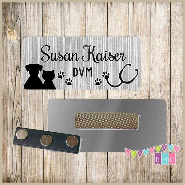 Vet - Dog & Cat with Stethoscope Paw Prints - Grey - Vet Tech - PERSONALIZED - Custom Name Tag - 1.25" x 3"  Magnetic OR Pin Back - 083NT