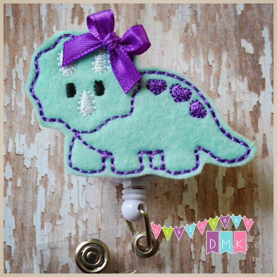 Cute Lil Triceratops Dinosaur Mint & Purple Felt Badge Reel Embroidered Retractable  ID Badge Holder Alligator or Slide Clip 