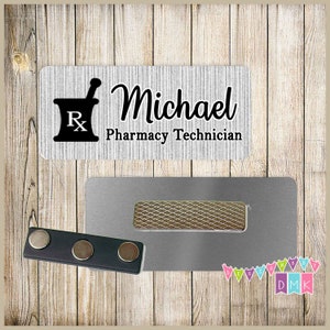 Pharmacy - Mortar & Pestle - Grey Stripe - PERSONALIZED - Custom Name Tag - 1.25&quot; x 3&quot;  Magnetic OR Pin Back - 120NT