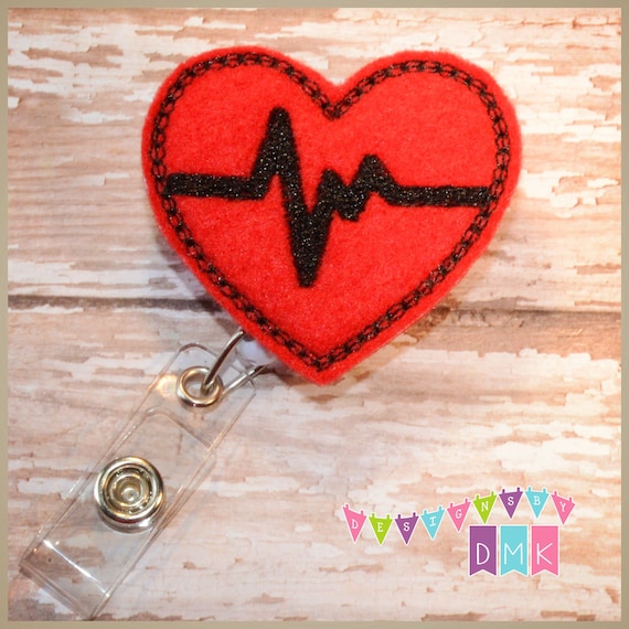 EKG Heart Red Felt Badge Reel Retractable ID Badge Holder