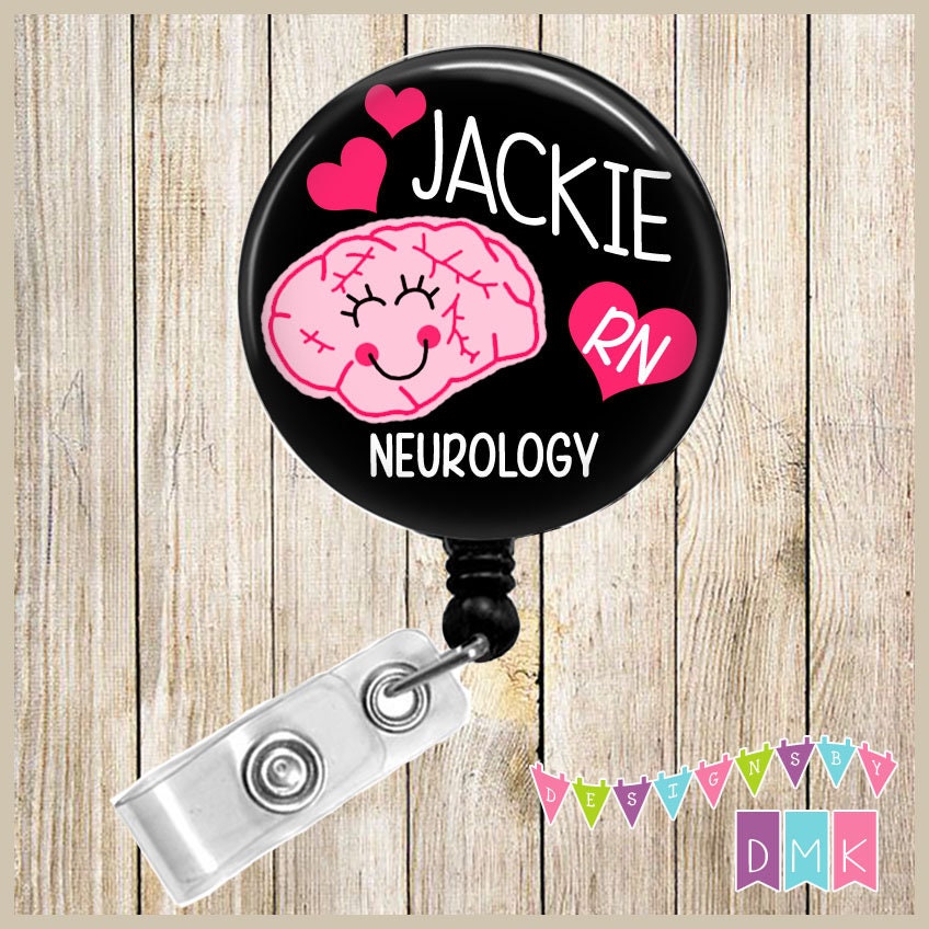 Bryelle the Brain - Personalized - Neurology RN - Black - Button Badge Reel - Retractable ID Holder Alligator or Slide Clip - BR0007