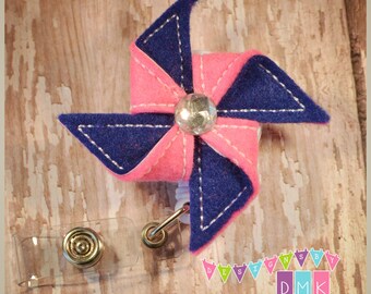 Whirly Gig Pinwheel Brite Pink & Dark Blue - Felt Badge Reel Retractable ID Badge Holder Embroidered Name Tag Pull - Alligator or Slide Clip