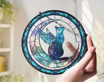 Glasmalerei-Katze auf Mondsichel-Sonnenfänger, himmlische Fee-Katzen-Fensterdekoration, Geschenk für Katzenliebhaber.