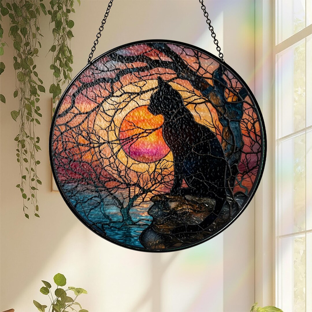 Black Cat Suncatcher Window Hanging, Cat on Moon Decor, Stained Glass ...