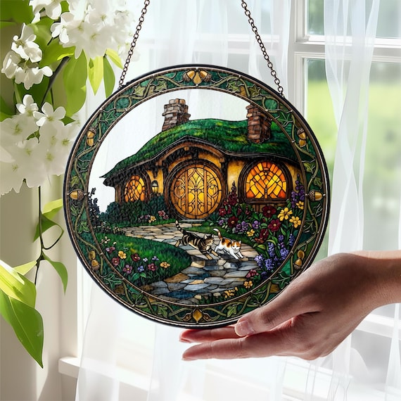 Fantasy Cottage Suncatcher, Hobbiton Window Hanging, Two Cats in Garden Decor, Stained Glass Style, Unique Housewarming Gift, Lord of the…