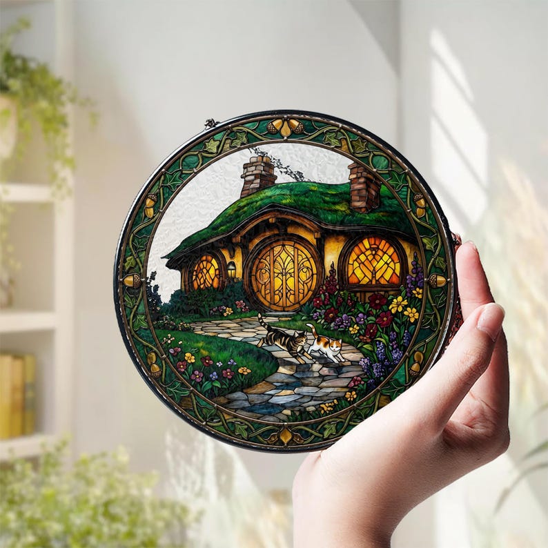 K&ouml;nnte beinhalten: Runde Glasmalerei mit einem Hobbit-Haus mit gr&uuml;nem Dach, gew&ouml;lbten T&uuml;ren und bunten Blumen. Zwei Katzen gehen einen Steinweg entlang. Das Panel hat einen gr&uuml;nen und goldenen Rahmen.