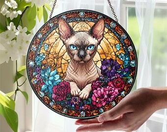 Glasmalerei-Sphynx-Katzen-Sonnenfänger, blauäugiges nacktes Haustierporträt, Blumenmosaik-Garten-Wandkunst, exotisches Katzen-Liebhabergeschenk, gotisches Wohndekor.