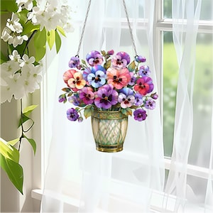 Atrapasueños de pensamientos coloridos, adorno floral acrílico morado y rosa para ventana, arte de maceta con pensamientos, decoración vibrante de arte acrílico, regalo para jardineros.