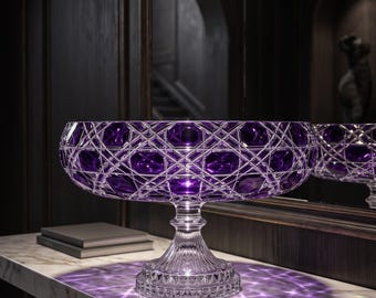 Cut to Clear Crystal Pedestal Bowl | Bohemian Glass Bowl | Art Glass Centerpiece Fruit Dish | Verdura Regal Violet | Anniversary Gift