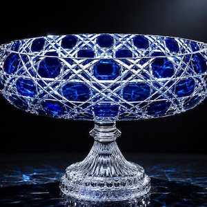 May include: A cobalt blue and clear cut crystal bowl on a pedestal base. The bowl features a deep blue glass interior with a complex diamond and cross-hatch pattern cut into the exterior. The clear glass stem and base have vertical fluting.