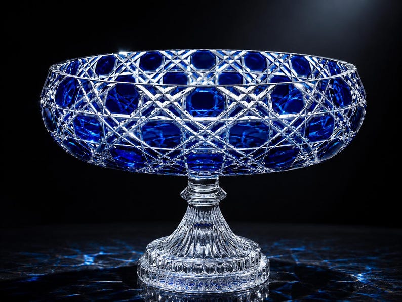 May include: A cobalt blue and clear cut crystal bowl on a pedestal base. The bowl features a deep blue glass interior with a complex diamond and cross-hatch pattern cut into the exterior. The clear glass stem and base have vertical fluting.
