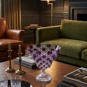 Cut to Clear Crystal Pedestal Bowl | Purple Glass Bowl | Footed Compote Centerpiece Fruit Dish | Verdura Violet Bohemian Decorative Bowl image 4