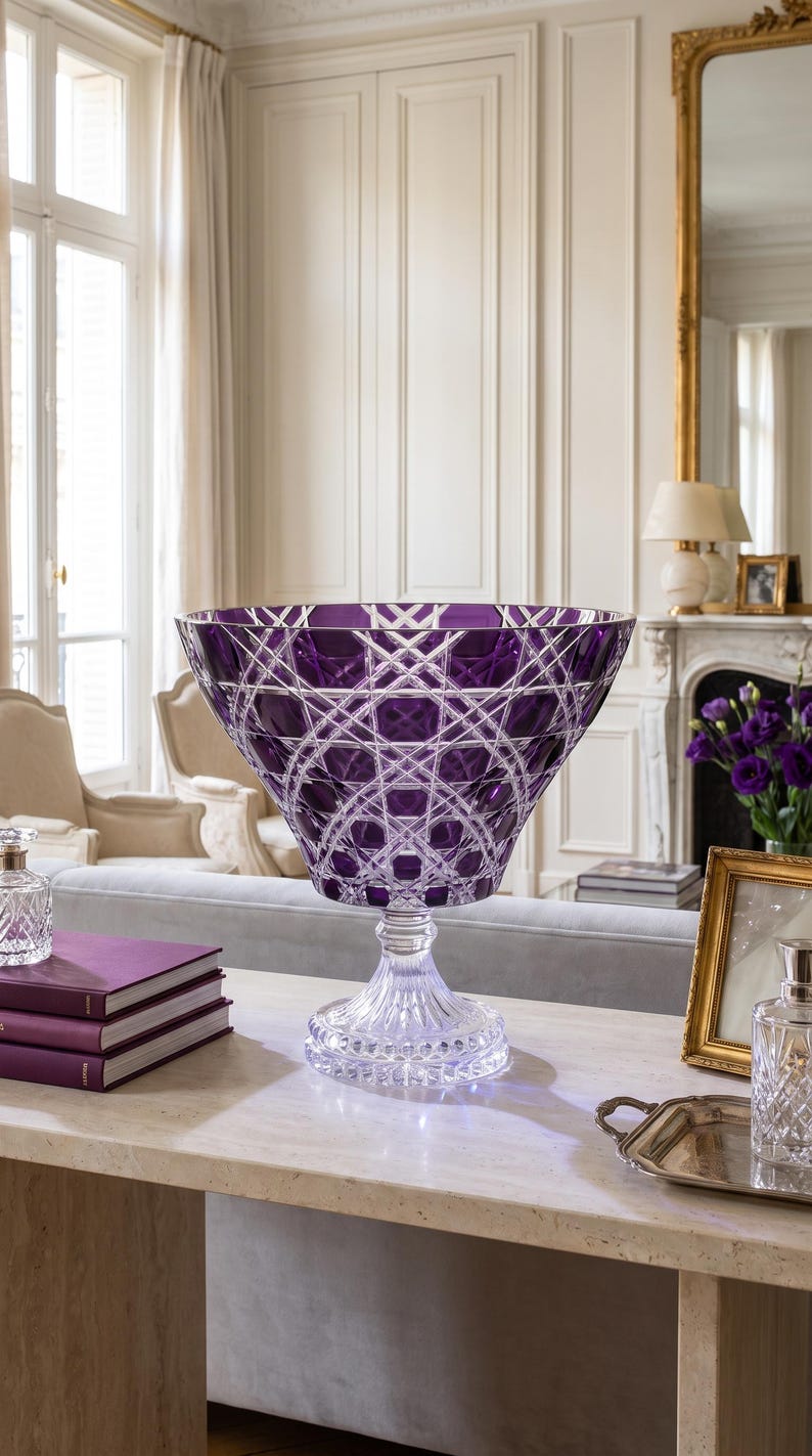 May include: A large, deep, purple crystal bowl with a wide, flared rim and a complex, geometric cut-glass pattern. The bowl is supported by a clear, faceted, pedestal-style base with a circular, scalloped foot, creating a striking contrast.