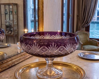 Cut to Clear Crystal Pedestal Bowl | Purple Fruit Bowl | Art Glass Centerpiece Candy Dish | Coronet Regal Violet | Wedding Anniversary Gift
