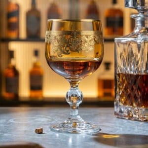 May include: A stemmed glass featuring an amber-tinted bowl with an intricate gold filigree band around the upper portion. The glass is filled with a dark amber liquid and sits on a clear, faceted pedestal base next to a crystal decanter.