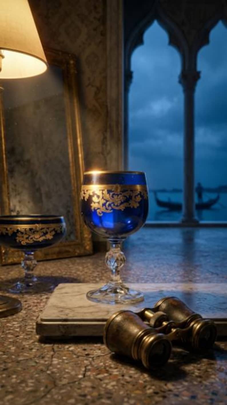 May include: A deep blue glass goblet featuring intricate gold filigree patterns around the rim and a faceted crystal stem, accompanied by a second matching goblet and a pair of vintage brass binoculars resting on a marble slab.